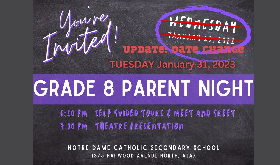 Grade 8 parent information night at Notre Dame Catholic Secondary School on January 31, 2023