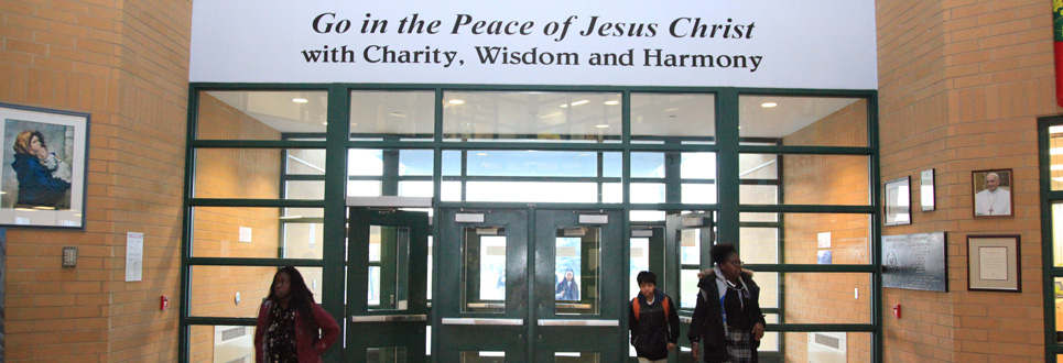 Interior of front lobby of high school