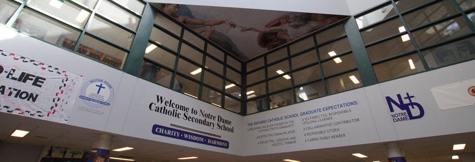 banners in front lobby of high school